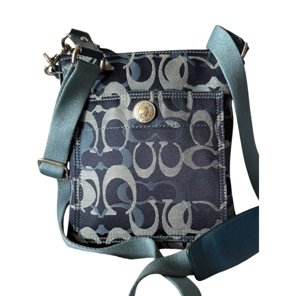 Coach Op Art Signature Blue Crossbody Bag Teal Trim Zip Top Adjustable Strap Y2K - Picture 9 of 11